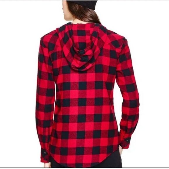 Aritzia TNA Brewster Boyfriend Hooded Buffalo Plaid Flannel Shirt Shaket M Red - Picture 3 of 16